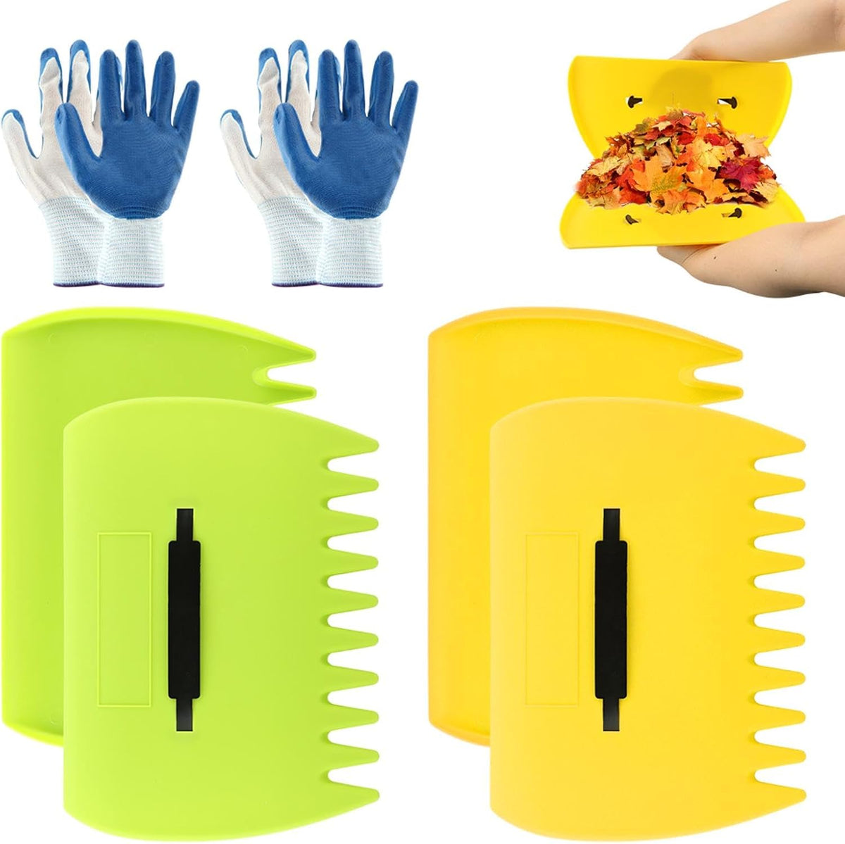 2 Set Leaf Scoops Hand Rake, Leaf Scoops and Claws with 2 Pairs Gloves, Lightweight Plastic Hand Held Rakes Yard Scoop for Picking up Leaves Garden Rubbish Yard Waste