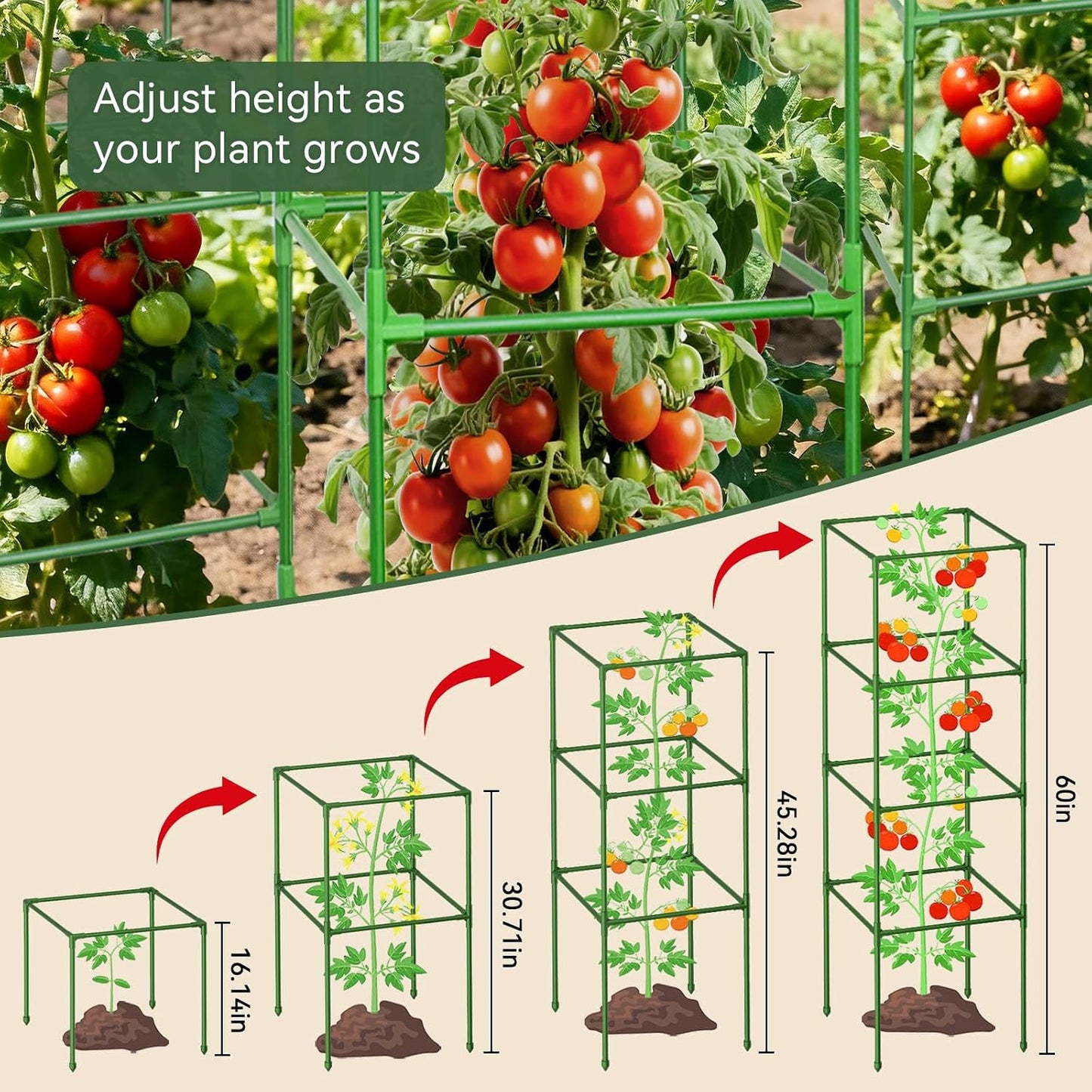 4 Pack 45" Tomato Cages for Garden, Heavy Duty Adjustable Plant Support