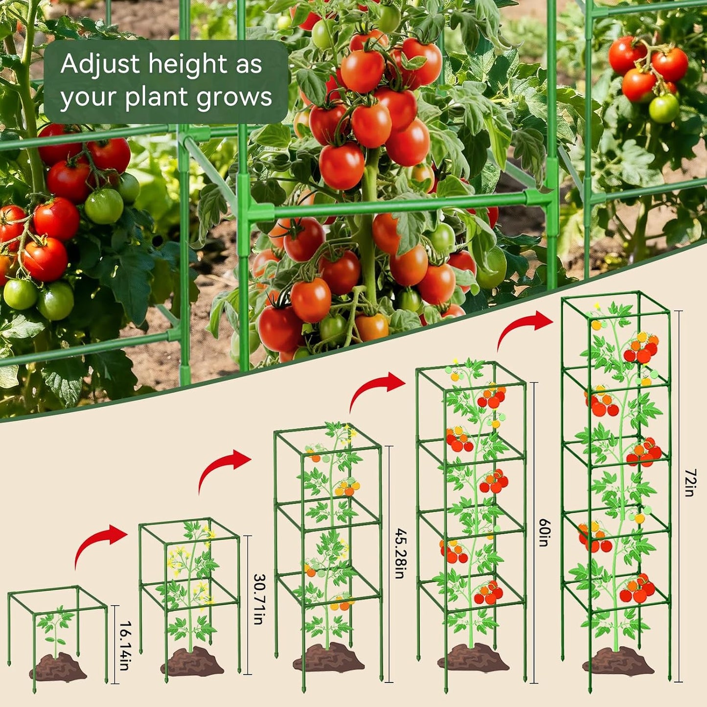 4 Pack 45" Tomato Cages for Garden, Heavy Duty Adjustable Plant Support