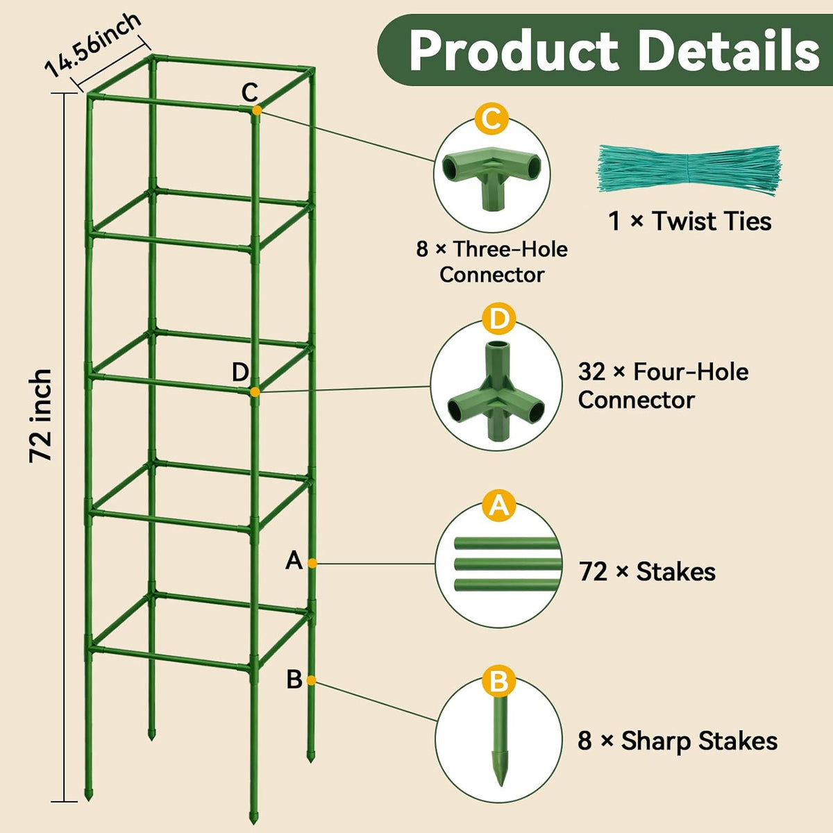 4 Pack 45" Tomato Cages for Garden, Heavy Duty Adjustable Plant Support