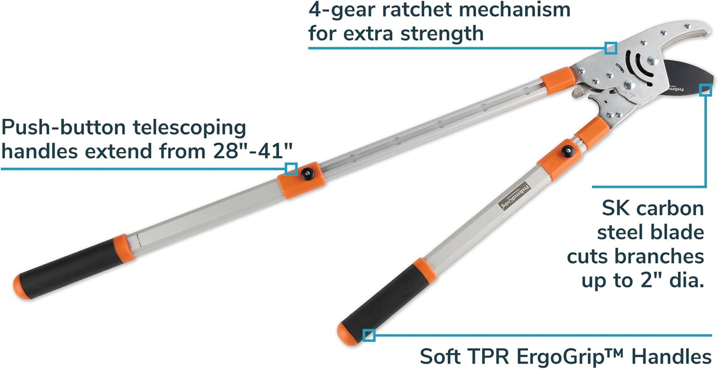 Ratcheting Loppers - Heavy Duty SK Carbon Steel Anvil - Telescoping - Cuts Up to 2 Inches - Ergonomic Grip - Black