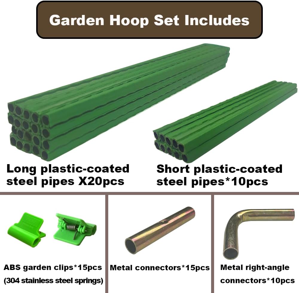 Metal Greenhouse Hoops Set for Raised Beds，21.2'' x 31.1'' Green Garden Hoops with Metal connectors,ABS Clip（Stainless Steel Spring） for Row Cover, DIY Grow Tunnel，5 Sets.