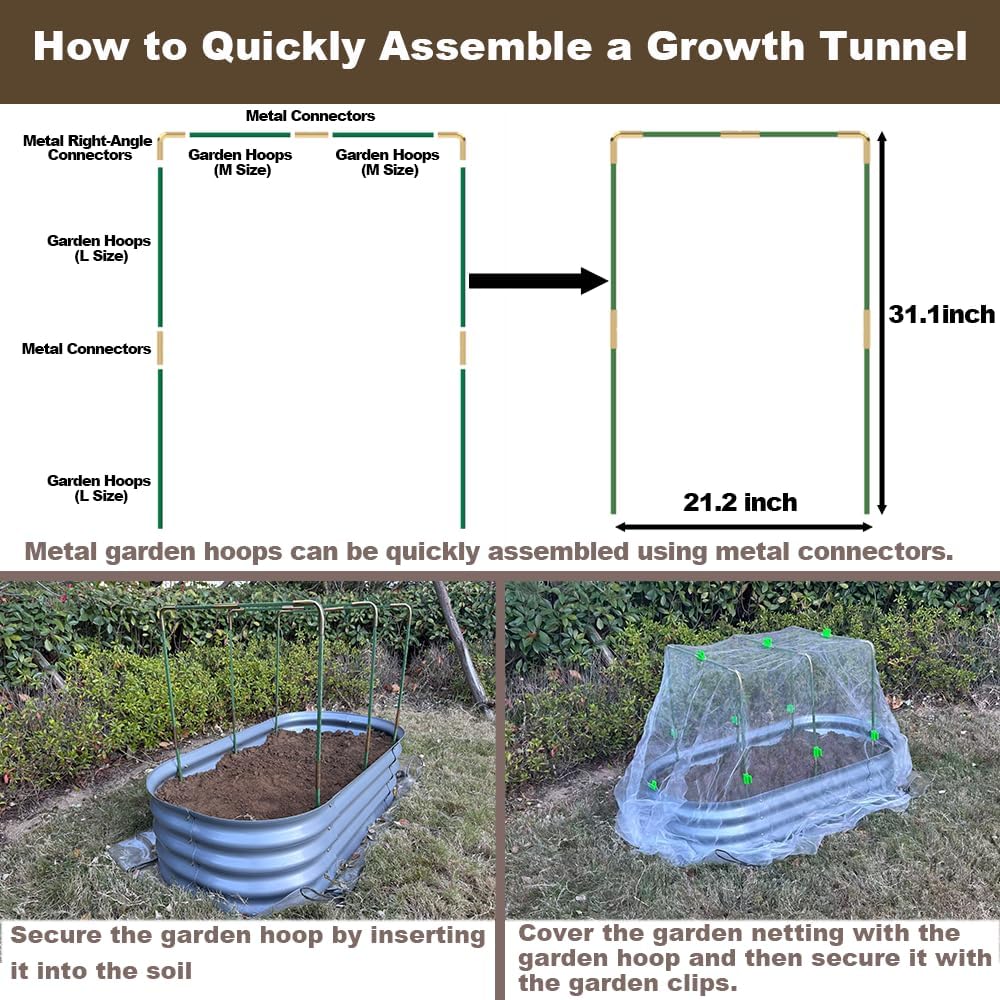 Metal Greenhouse Hoops Set for Raised Beds，21.2'' x 31.1'' Green Garden Hoops with Metal connectors,ABS Clip（Stainless Steel Spring） for Row Cover, DIY Grow Tunnel，5 Sets.