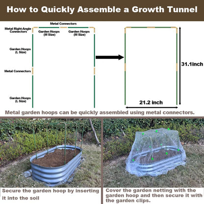 Metal Greenhouse Hoops Set for Raised Beds，21.2'' x 31.1'' Green Garden Hoops with Metal connectors,ABS Clip（Stainless Steel Spring） for Row Cover, DIY Grow Tunnel，5 Sets.