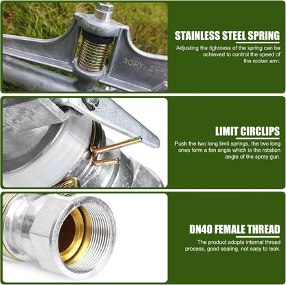 1.5in DN40 High Pressure Impact Rain Gun Sprinkler, with Dual Nozzle, Adjustable 360 Degree Automatic Rotating, for Covering Large Areas, Agriculture Field Crop Irrigation