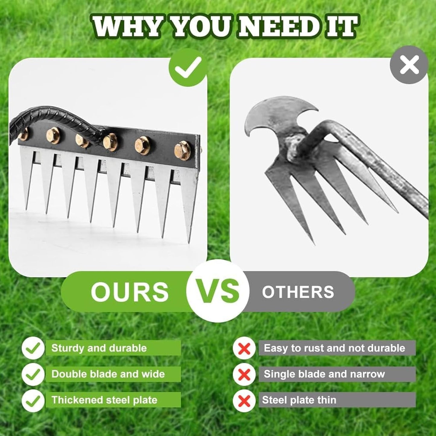 Garden Weeding Rake, Upgraded Detachable Weeder Puller Tool, Manganese Steel Iron Weeding Rakes for Weeding, Yard, Farm... (6 Tines)