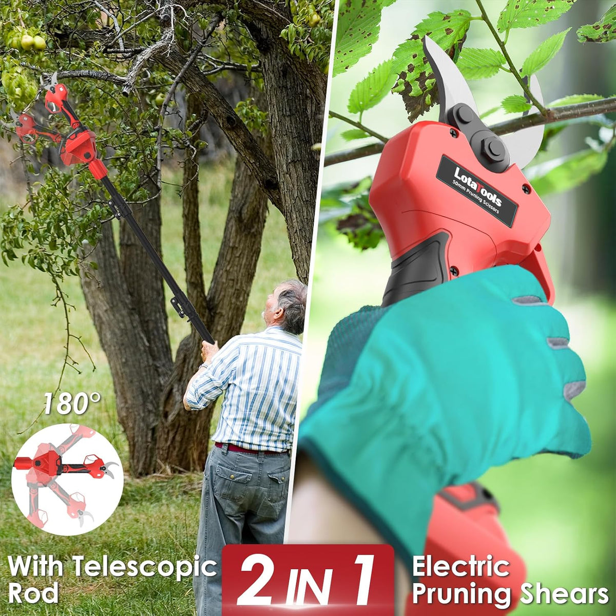 Electric Pruning Shears with Telescopic Rod, 50mm 1.96" Cutting Diameter Cordless Pruner with 2 Rechargeable Batteries, Tree Branch Cutter with SK7 Blade for Gardening Pruning