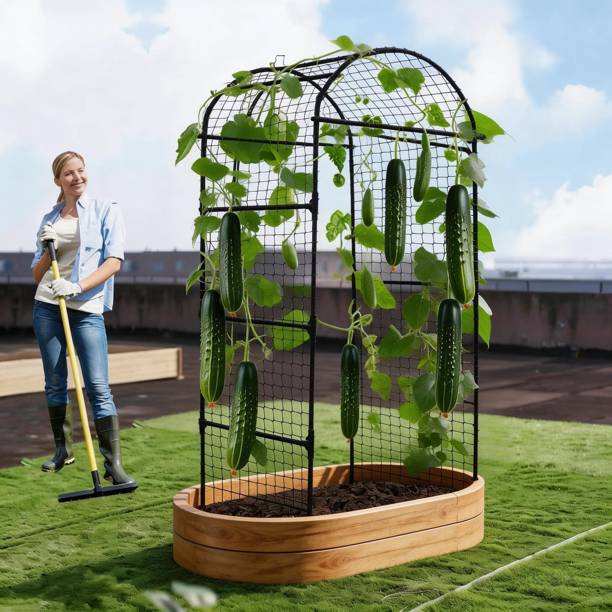 Garden Arch Trellis for Climbing Plants Outdoor, 6.73 ft x 2.62 ft x 2.95 ft Cucumber & Melon Trellis for Raised Beds, u-Shape Plant Support for Climbing Vegetables, Grapes & Roses, Black
