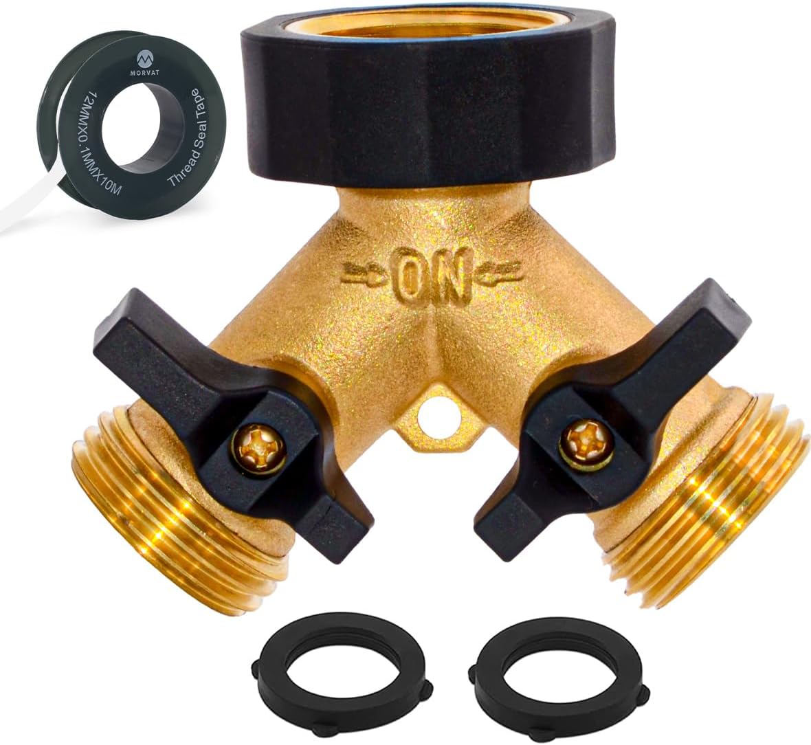 Garden Hose Splitter with Comfortable Rubber Grip Shut Off Valves, Heavy Duty Brass Connector, Water Tap, Y Splitter, 2 Valves, Outlet, Spigot, Includes Two Extra Washers & Roll of Teflon Tape