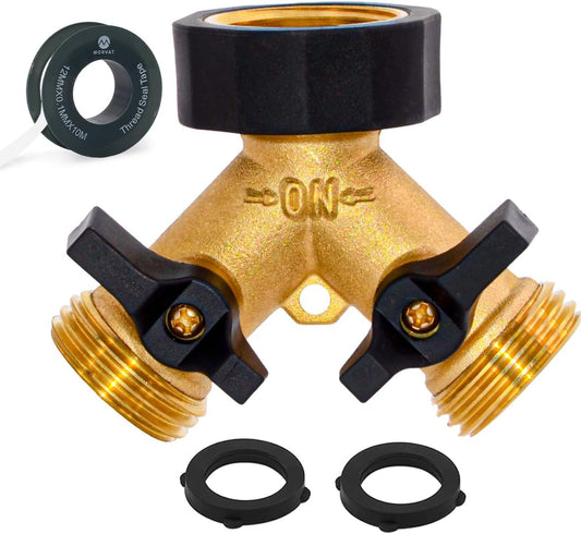 Garden Hose Splitter with Comfortable Rubber Grip Shut Off Valves, Heavy Duty Brass Connector, Water Tap, Y Splitter, 2 Valves, Outlet, Spigot, Includes Two Extra Washers & Roll of Teflon Tape