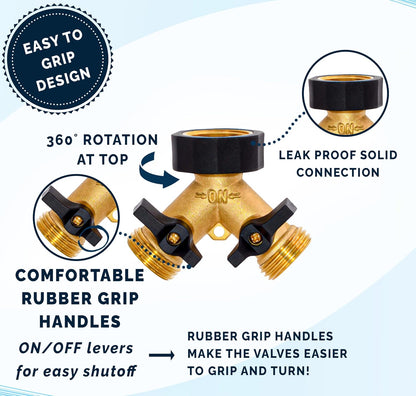 Garden Hose Splitter with Comfortable Rubber Grip Shut Off Valves, Heavy Duty Brass Connector, Water Tap, Y Splitter, 2 Valves, Outlet, Spigot, Includes Two Extra Washers & Roll of Teflon Tape