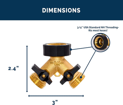 Garden Hose Splitter with Comfortable Rubber Grip Shut Off Valves, Heavy Duty Brass Connector, Water Tap, Y Splitter, 2 Valves, Outlet, Spigot, Includes Two Extra Washers & Roll of Teflon Tape