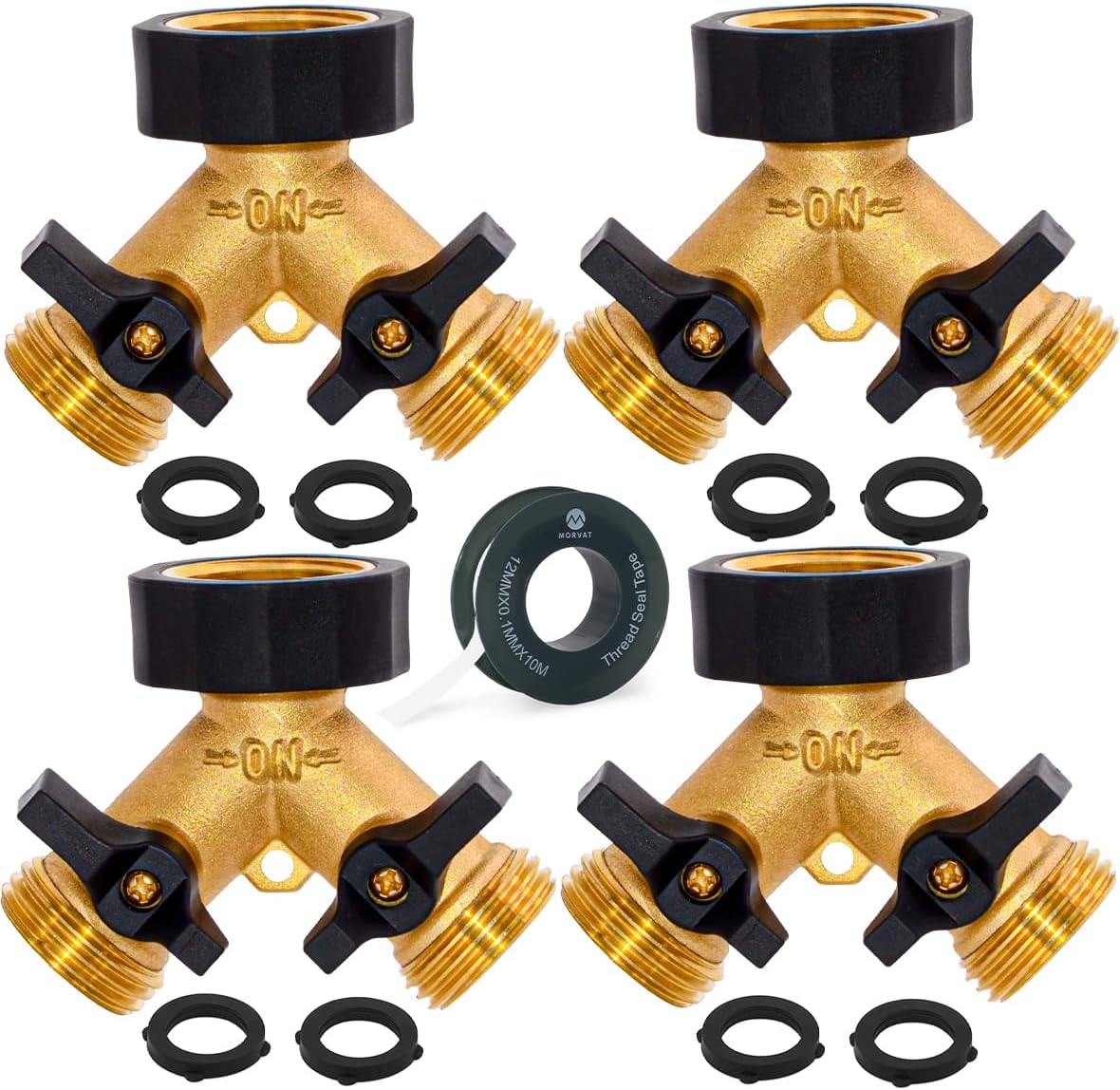Garden Hose Splitter with Comfortable Rubber Grip Shut Off Valves, Heavy Duty Brass Connector, Water Tap, Y Splitter, 2 Valves, Outlet, Spigot, Includes Two Extra Washers & Roll of Teflon Tape