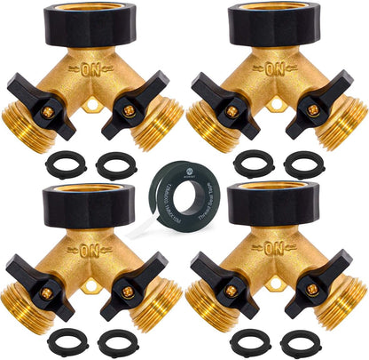 Garden Hose Splitter with Comfortable Rubber Grip Shut Off Valves, Heavy Duty Brass Connector, Water Tap, Y Splitter, 2 Valves, Outlet, Spigot, Includes Two Extra Washers & Roll of Teflon Tape