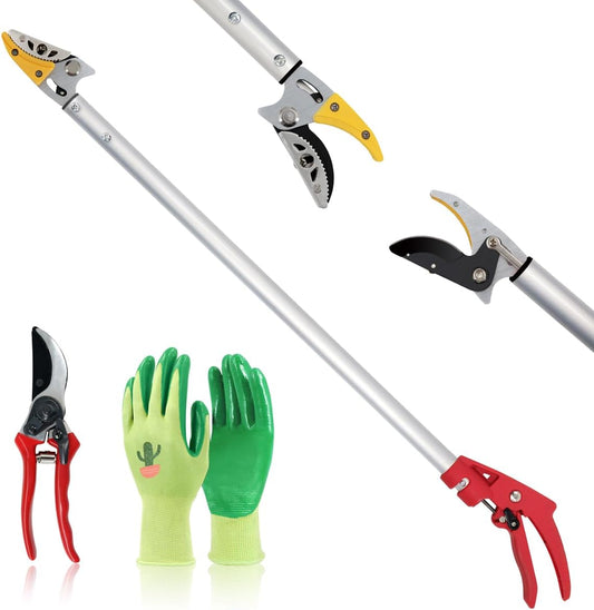 Cut and Hold Pruner Set, Lightweight 32-Inch Long Reach Pruner One-Handed Operation, Hold Long Reach Cut Rotating, 8.3" Hand Pruner for Branch Pruning, Fruit Picking, Prickly Plants & Roses