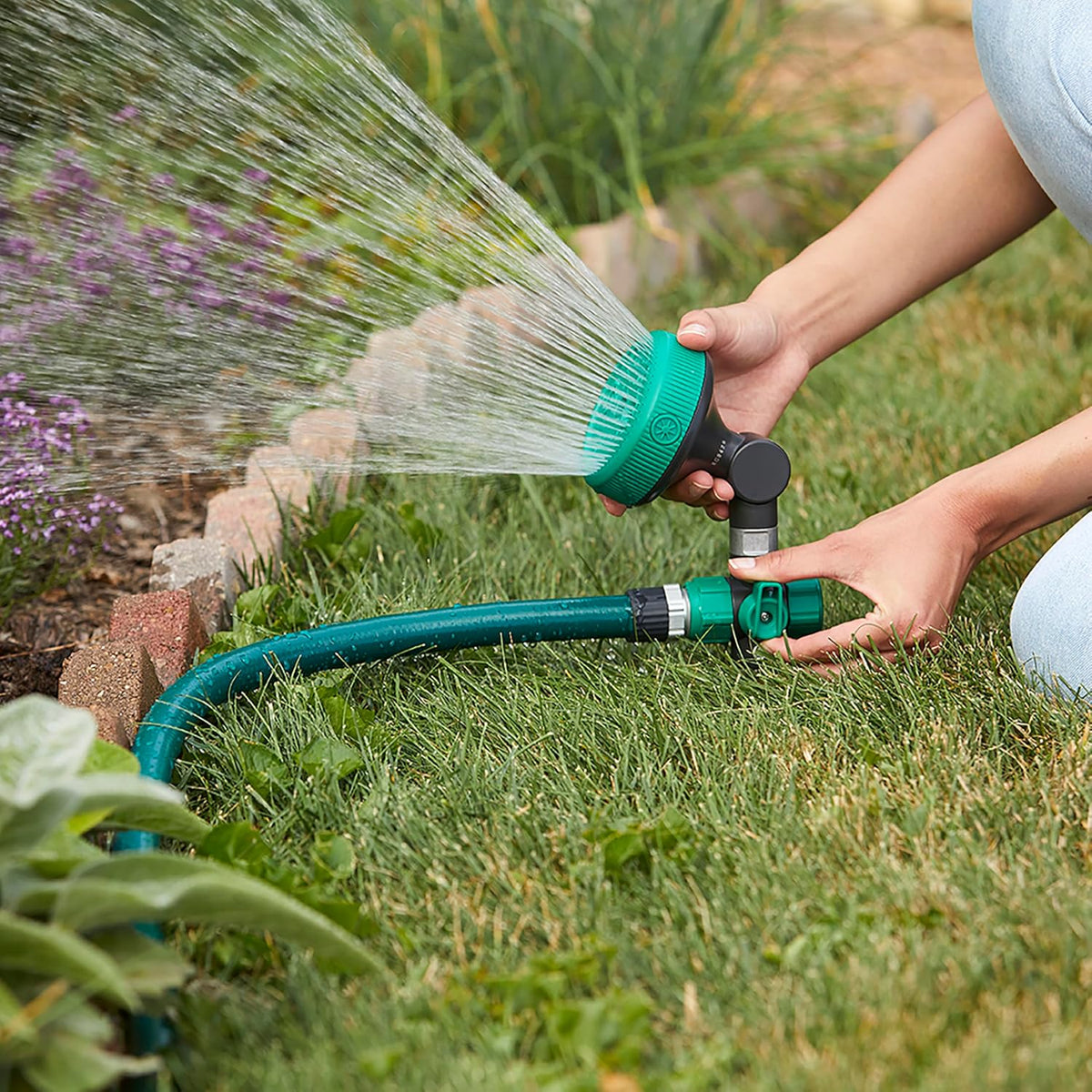 Adjustable Spot Sprinkler with Spike Base, Pivoting Multi Pattern Sprinkler Head for Targeted Coverage in Flower Beds and Vegetable Gardens