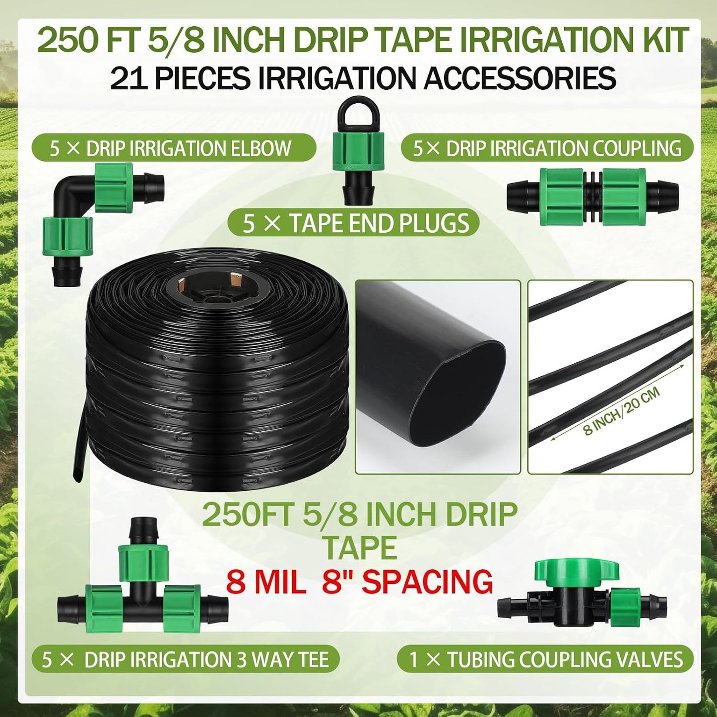 250 ft 5/8 Inch Drip Tape Irrigation Kit Drip Tape 8 Mil 8" Spacing Hose Garden Watering Tubing System Automatic Irrigation Equipment for Plant, Landscape, Yard, Lawn and Farm