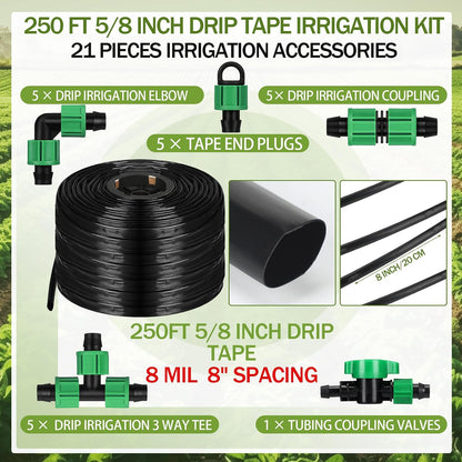 250 ft 5/8 Inch Drip Tape Irrigation Kit Drip Tape 8 Mil 8" Spacing Hose Garden Watering Tubing System Automatic Irrigation Equipment for Plant, Landscape, Yard, Lawn and Farm