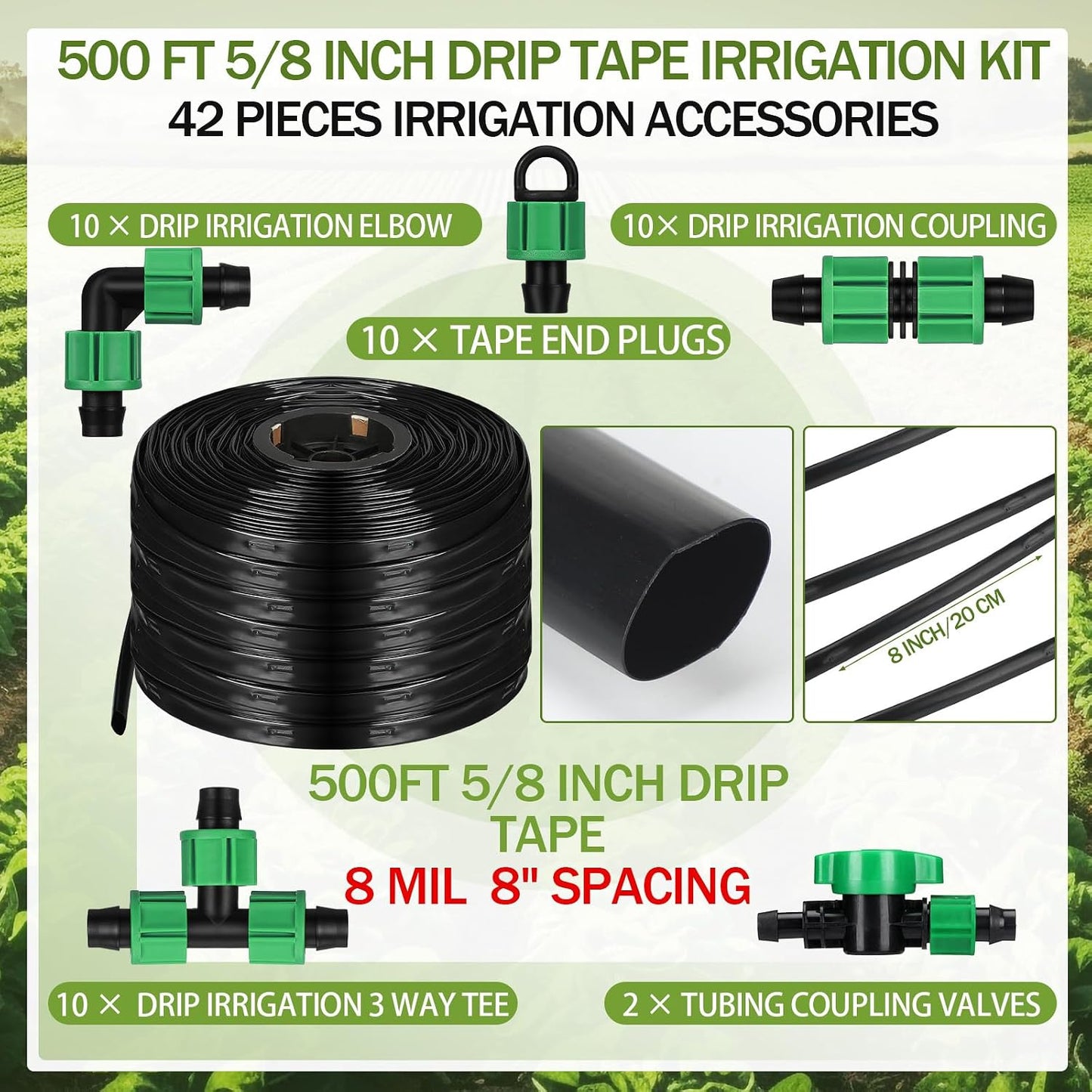 250 ft 5/8 Inch Drip Tape Irrigation Kit Drip Tape 8 Mil 8" Spacing Hose Garden Watering Tubing System Automatic Irrigation Equipment for Plant, Landscape, Yard, Lawn and Farm