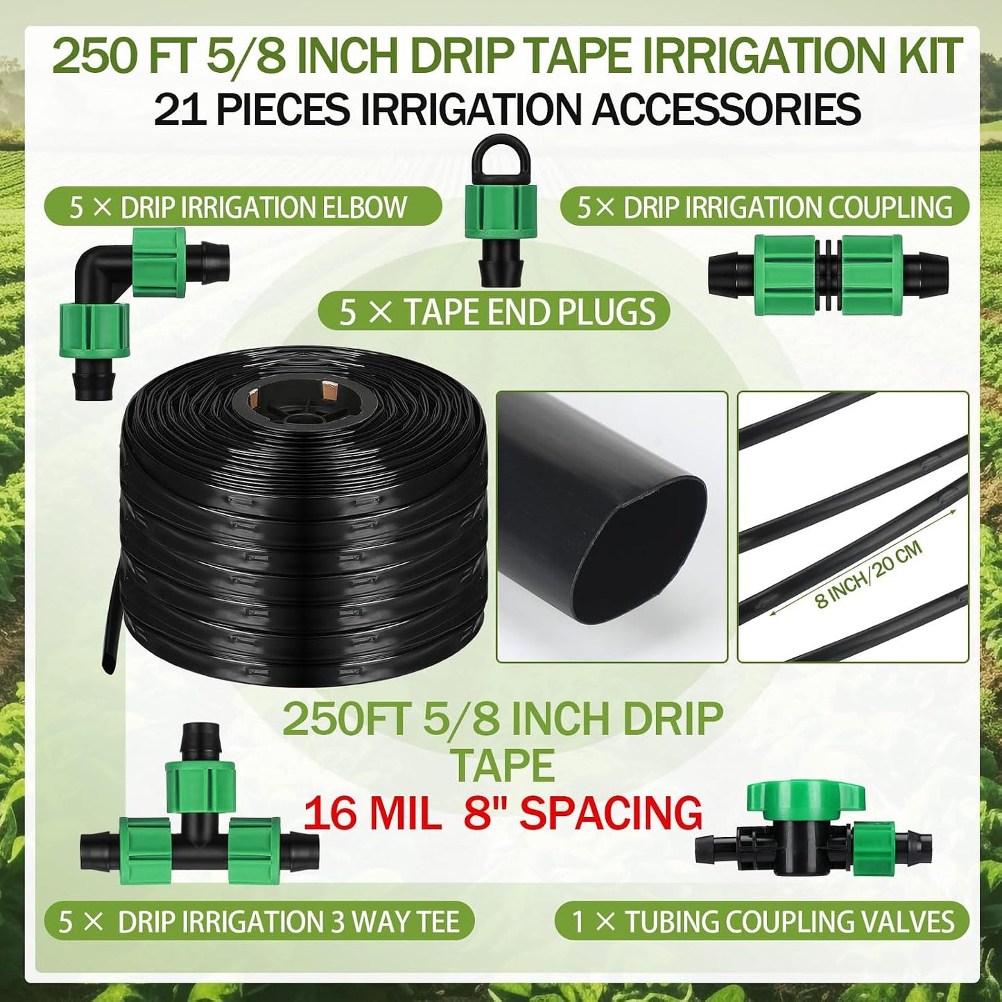 250 ft 5/8 Inch Drip Tape Irrigation Kit Drip Tape 8 Mil 8" Spacing Hose Garden Watering Tubing System Automatic Irrigation Equipment for Plant, Landscape, Yard, Lawn and Farm