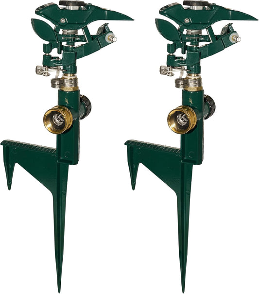 2 Pack Impact Sprinkler for Yard, Adjustable 360 Degree Zinc Alloy Sprinkler Head on Metal Step Spike, Heavy Duty Pulsating Water Sprinklers for Large Area Lawn Garden Irrigation