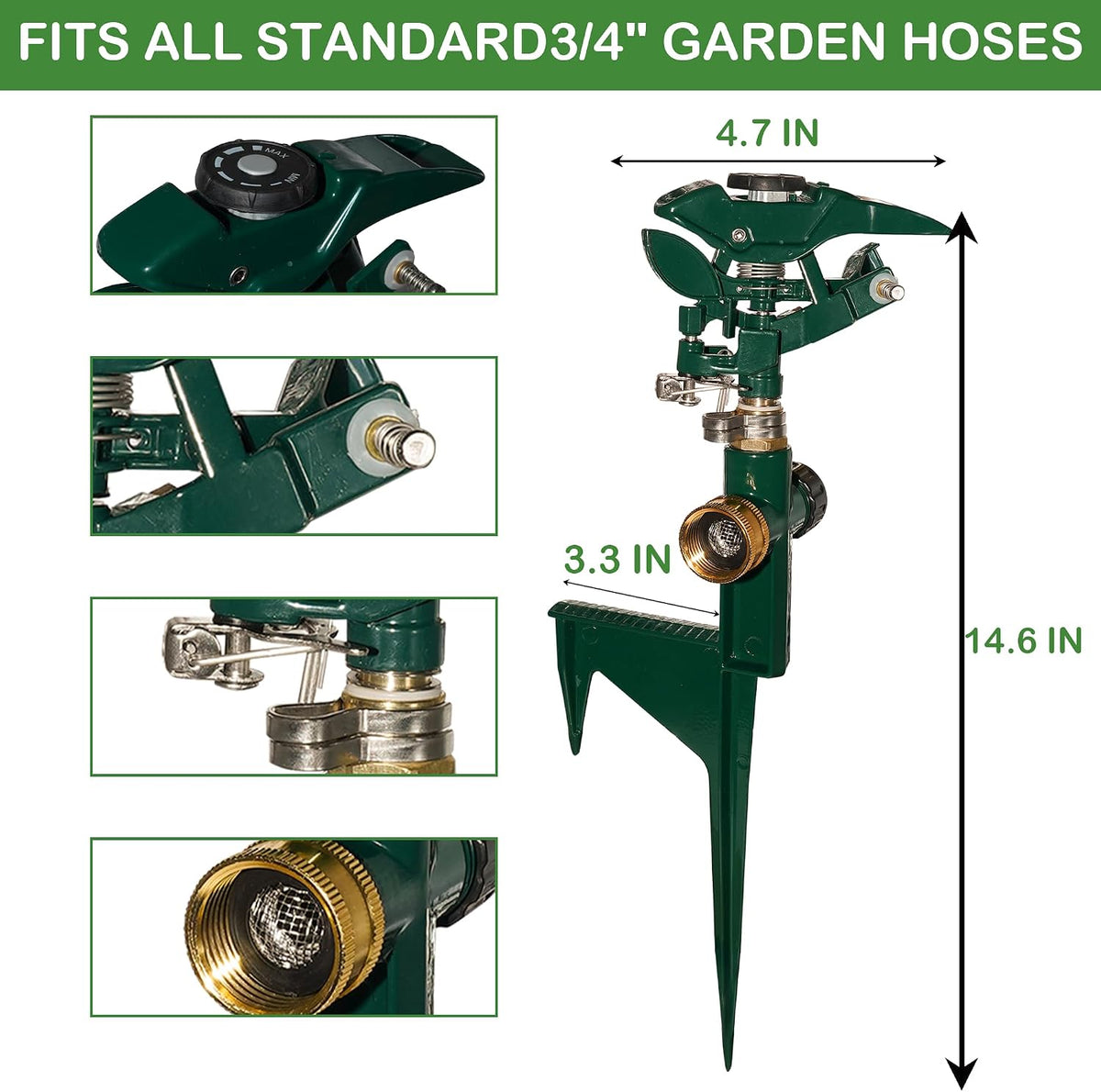 2 Pack Impact Sprinkler for Yard, Adjustable 360 Degree Zinc Alloy Sprinkler Head on Metal Step Spike, Heavy Duty Pulsating Water Sprinklers for Large Area Lawn Garden Irrigation