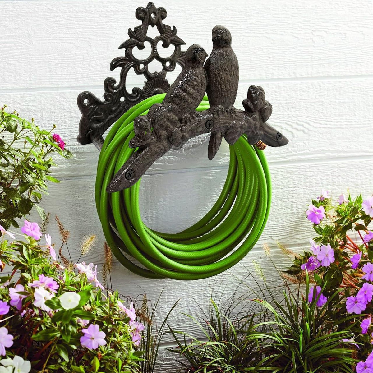 Garden Hose Holder Cast Iron Heavy Duty Water Hose Hanger, Outside Wall Mount, Solid Metal Decorative Rack/Organizer/Stand, Easy to Install, Hold Up to 50/75/100 ft (Hose holder - 2 Birds)