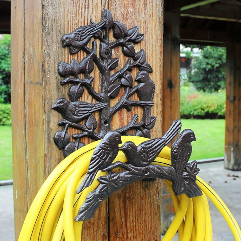 Garden Hose Holder Cast Iron Heavy Duty Water Hose Hanger, Outside Wall Mount, Solid Metal Decorative Rack/Organizer/Stand, Easy to Install, Hold Up to 50/75/100 ft (Hose holder - 2 Birds)