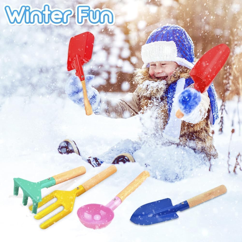 Beach Toys for Kids, 6Pcs 8'' Kids Gardening Tools Sand Toys Set, Metal Garden Tools with Sturdy Wooden Handle, Cylinder, Spoon, Fork, Rake, Flat & Pointed Shovel, Gifts for Children