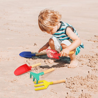 Beach Toys for Kids, 6Pcs 8'' Kids Gardening Tools Sand Toys Set, Metal Garden Tools with Sturdy Wooden Handle, Cylinder, Spoon, Fork, Rake, Flat & Pointed Shovel, Gifts for Children