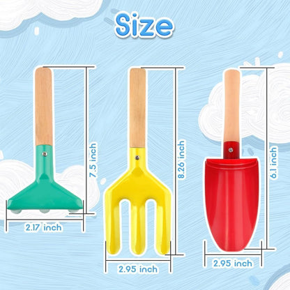 Beach Toys for Kids, 6Pcs 8'' Kids Gardening Tools Sand Toys Set, Metal Garden Tools with Sturdy Wooden Handle, Cylinder, Spoon, Fork, Rake, Flat & Pointed Shovel, Gifts for Children