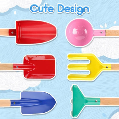 Beach Toys for Kids, 6Pcs 8'' Kids Gardening Tools Sand Toys Set, Metal Garden Tools with Sturdy Wooden Handle, Cylinder, Spoon, Fork, Rake, Flat & Pointed Shovel, Gifts for Children
