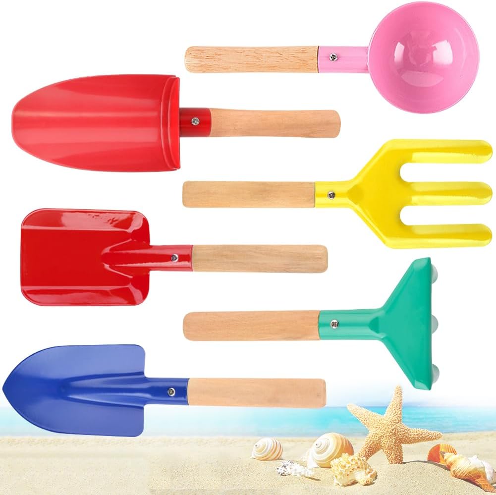 Beach Toys for Kids, 6Pcs 8'' Kids Gardening Tools Sand Toys Set, Metal Garden Tools with Sturdy Wooden Handle, Cylinder, Spoon, Fork, Rake, Flat & Pointed Shovel, Gifts for Children
