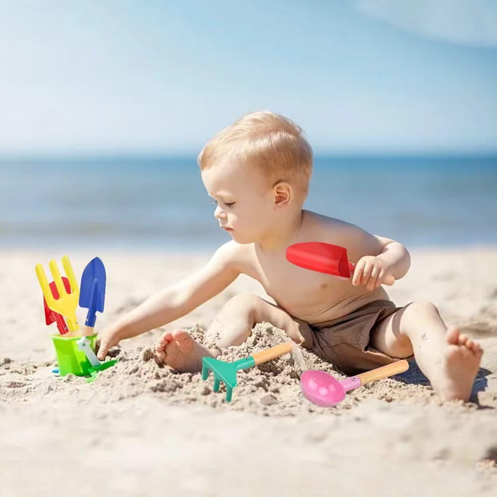 Beach Toys for Kids, 6Pcs 8'' Kids Gardening Tools Sand Toys Set, Metal Garden Tools with Sturdy Wooden Handle, Cylinder, Spoon, Fork, Rake, Flat & Pointed Shovel, Gifts for Children
