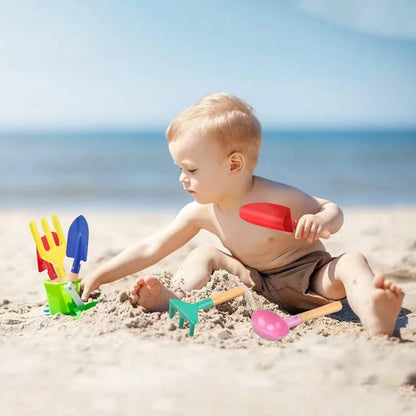 Beach Toys for Kids, 6Pcs 8'' Kids Gardening Tools Sand Toys Set, Metal Garden Tools with Sturdy Wooden Handle, Cylinder, Spoon, Fork, Rake, Flat & Pointed Shovel, Gifts for Children