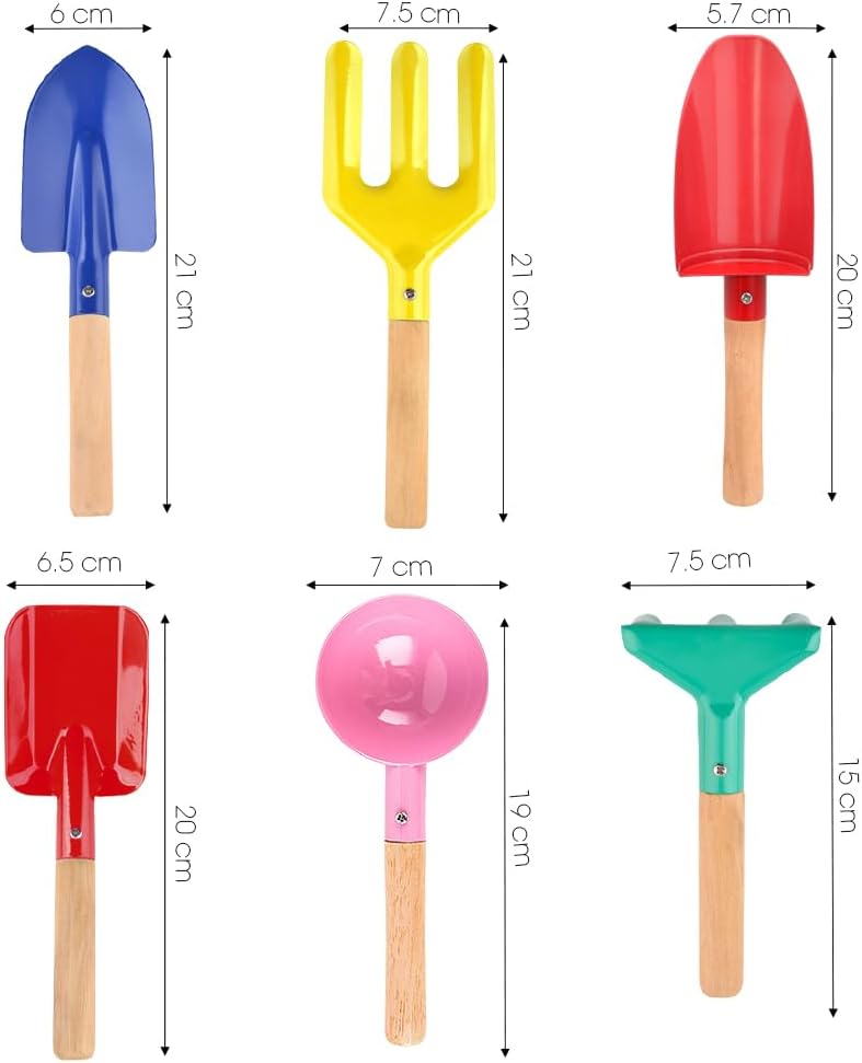 Beach Toys for Kids, 6Pcs 8'' Kids Gardening Tools Sand Toys Set, Metal Garden Tools with Sturdy Wooden Handle, Cylinder, Spoon, Fork, Rake, Flat & Pointed Shovel, Gifts for Children