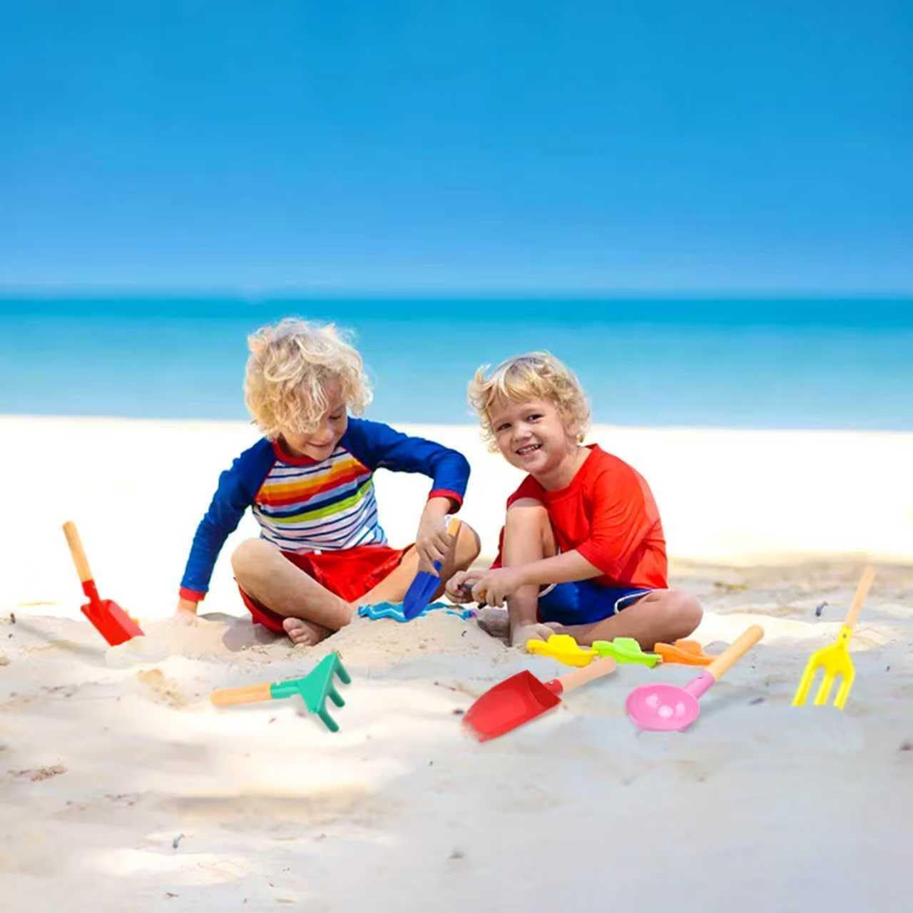 Beach Toys for Kids, 6Pcs 8'' Kids Gardening Tools Sand Toys Set, Metal Garden Tools with Sturdy Wooden Handle, Cylinder, Spoon, Fork, Rake, Flat & Pointed Shovel, Gifts for Children