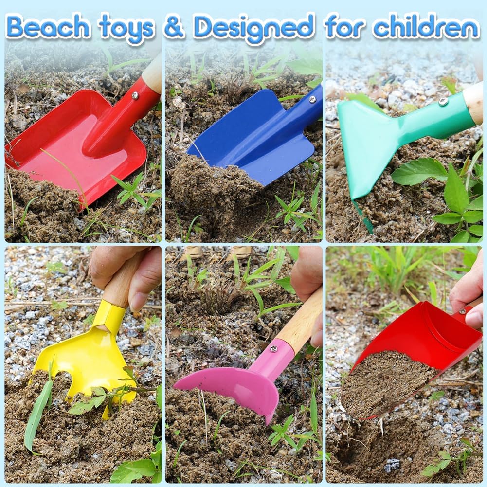 Beach Toys for Kids, 6Pcs 8'' Kids Gardening Tools Sand Toys Set, Metal Garden Tools with Sturdy Wooden Handle, Cylinder, Spoon, Fork, Rake, Flat & Pointed Shovel, Gifts for Children