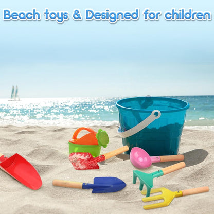 Beach Toys for Kids, 6Pcs 8'' Kids Gardening Tools Sand Toys Set, Metal Garden Tools with Sturdy Wooden Handle, Cylinder, Spoon, Fork, Rake, Flat & Pointed Shovel, Gifts for Children