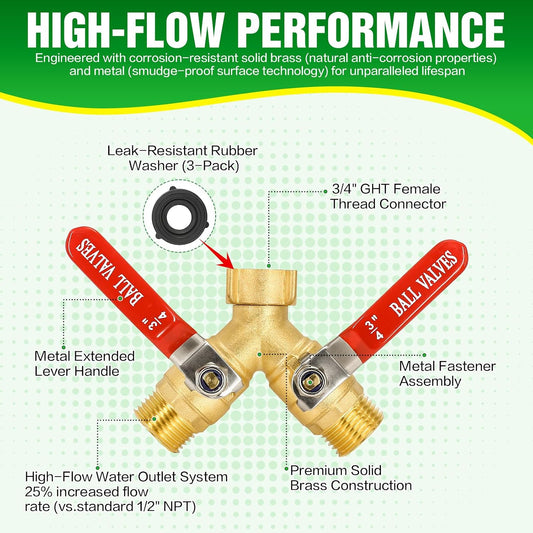 Brass Garden Hose Splitter 2 Way Heavy Duty with Metal Extended Handle