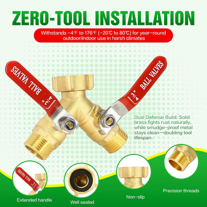 Brass Garden Hose Splitter 2 Way Heavy Duty with Metal Extended Handle