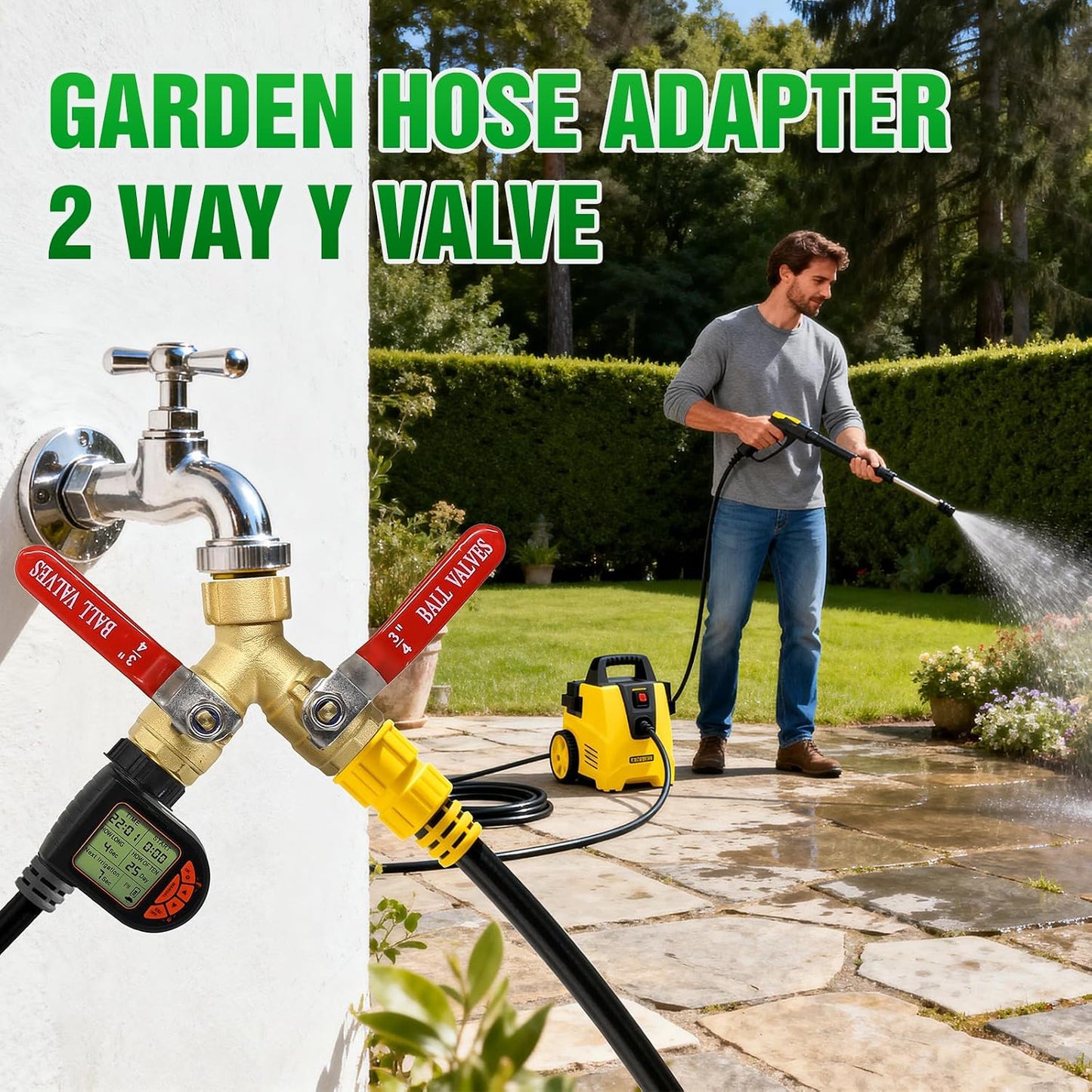 Brass Garden Hose Splitter 2 Way Heavy Duty with Metal Extended Handle