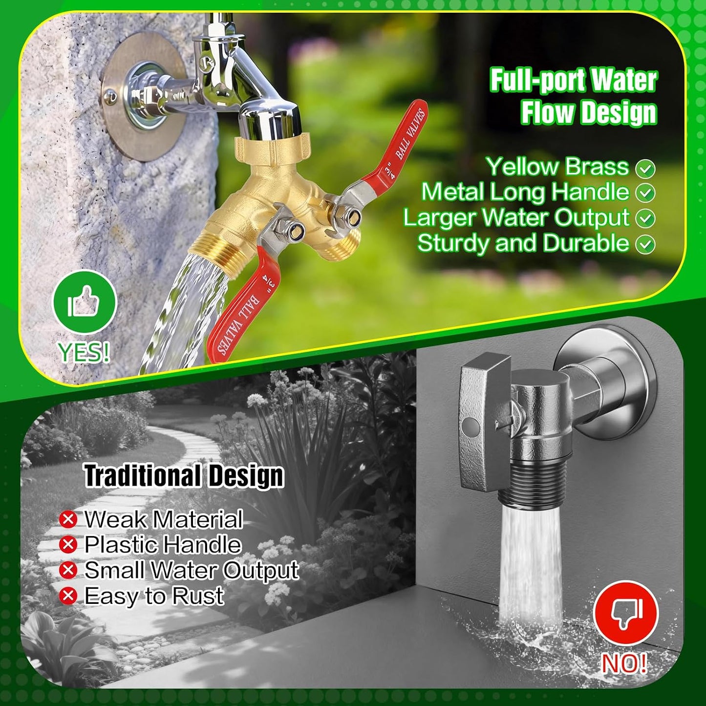 Brass Garden Hose Splitter 2 Way Heavy Duty with Metal Extended Handle