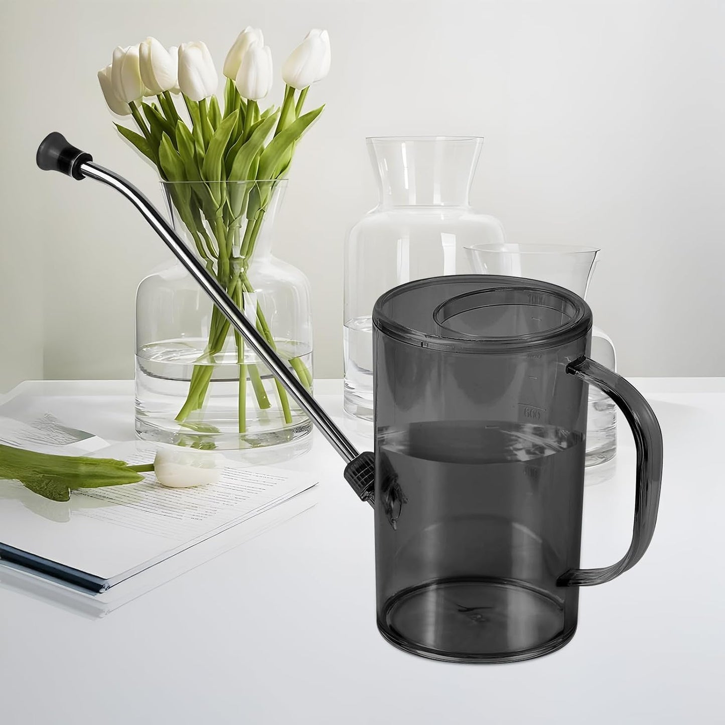 Plastic Watering Can - Small with Long Spout - 1/4 Gallon - 34 Oz - Grey