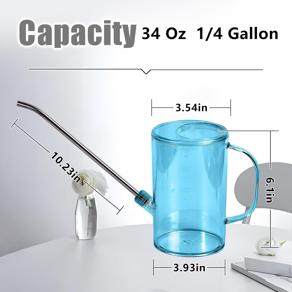 Plastic Watering Can - Small with Long Spout - 1/4 Gallon - 34 Oz - Grey