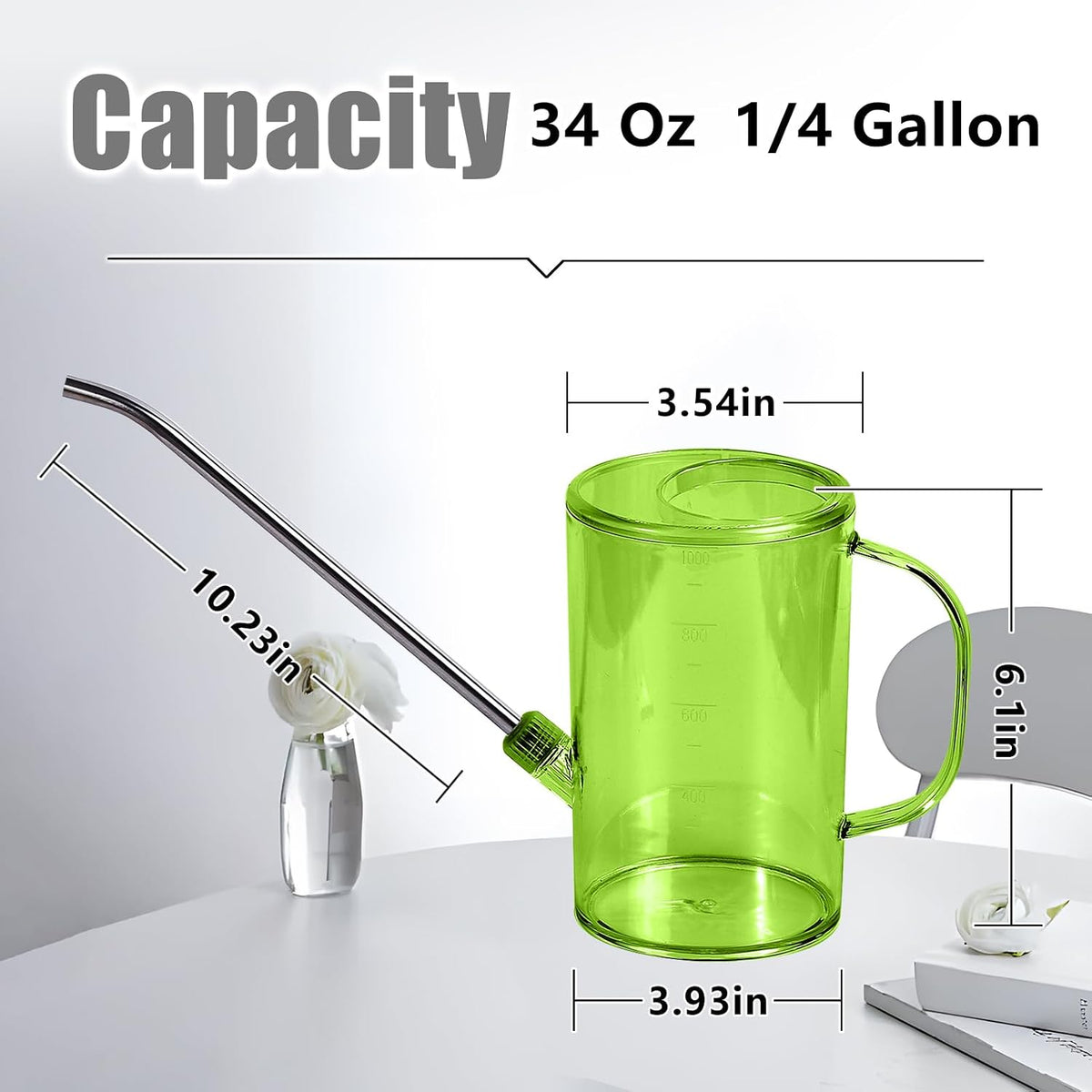 Plastic Watering Can - Small with Long Spout - 1/4 Gallon - 34 Oz - Grey