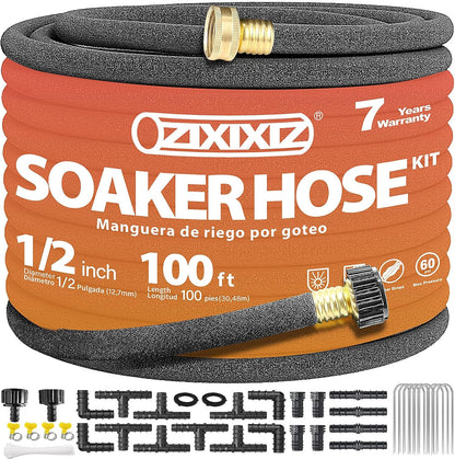100FT Heavy-Duty 1/2 Inch Soaker Hose with 3/4 Inch Solid Brass Connector - Leakproof Garden Watering System for Gardens, Lawns, Flower & Vegetable Beds