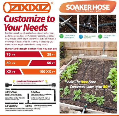100FT Heavy-Duty 1/2 Inch Soaker Hose with 3/4 Inch Solid Brass Connector - Leakproof Garden Watering System for Gardens, Lawns, Flower & Vegetable Beds