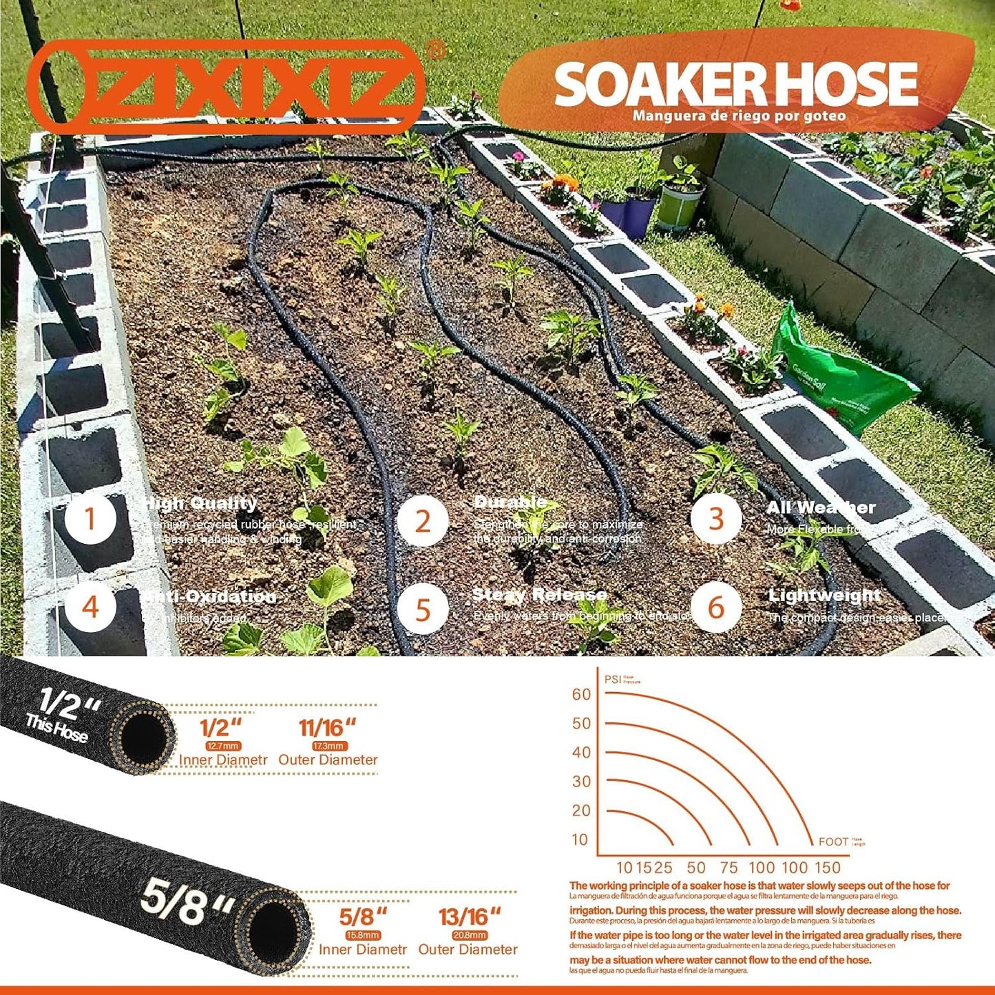 100FT Heavy-Duty 1/2 Inch Soaker Hose with 3/4 Inch Solid Brass Connector - Leakproof Garden Watering System for Gardens, Lawns, Flower & Vegetable Beds