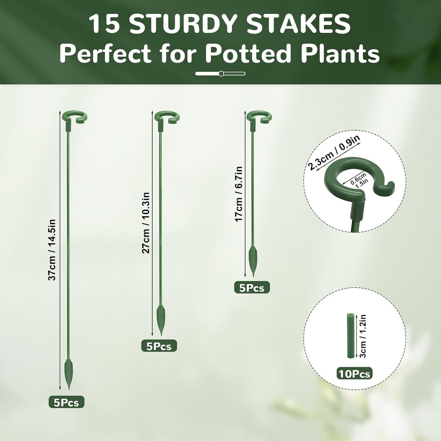15-Pack Small Plant Stakes with Movable Clips, Adjustable Orchid Stakes and Clips in 3 Heights for Potted Plants, Bulb Flowers and Light-Duty Single Stem Support